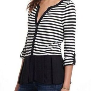 Anthropologie Black & White Cotton Linen Blend Striped Peplum Top Medium